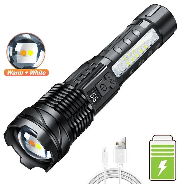3000000LM High Power LED Flashlight 4500mah Built-in Battery Torch Ultra Bright Telescopic Zoom Powerful Lantern with Tail Light