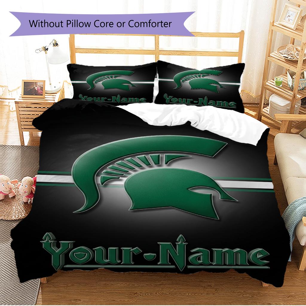 Name Custom Michigan State Spartans Pattern Bedding Set Quilt Cover Pillowcase Home Decor Gift (1 * duvet cover + 2 * pillowcase, without core)