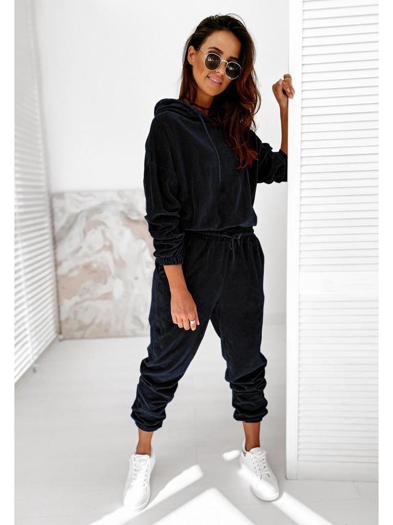 Женский однотонный повседневный костюм из золотистого бархата с капюшоном - Осень/Зима 2021