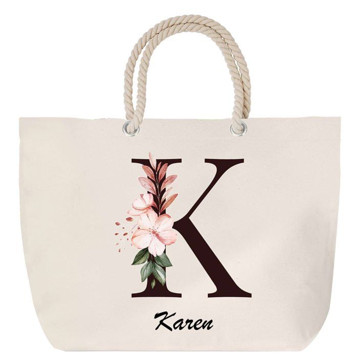 Sac de plage - PLANETEE - Lettre Fleur - Anse corde - Grand format - Personnalisé