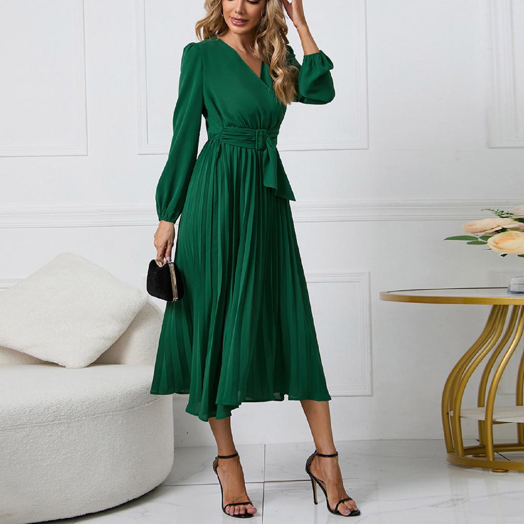 Женское однотонное облегающее платье с длинными рукавами и плиссированным поясом с v-образным вырезом
