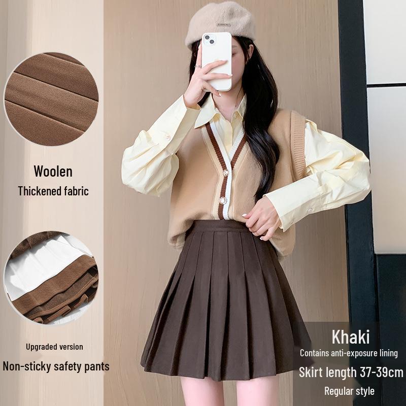 Юбка А-силуэта с высокой талией, плиссированная, шерстяная - Женская осенне-зимняя, прилегающего кроя, больших размеров, в корейском стиле, короткой/миди длины.