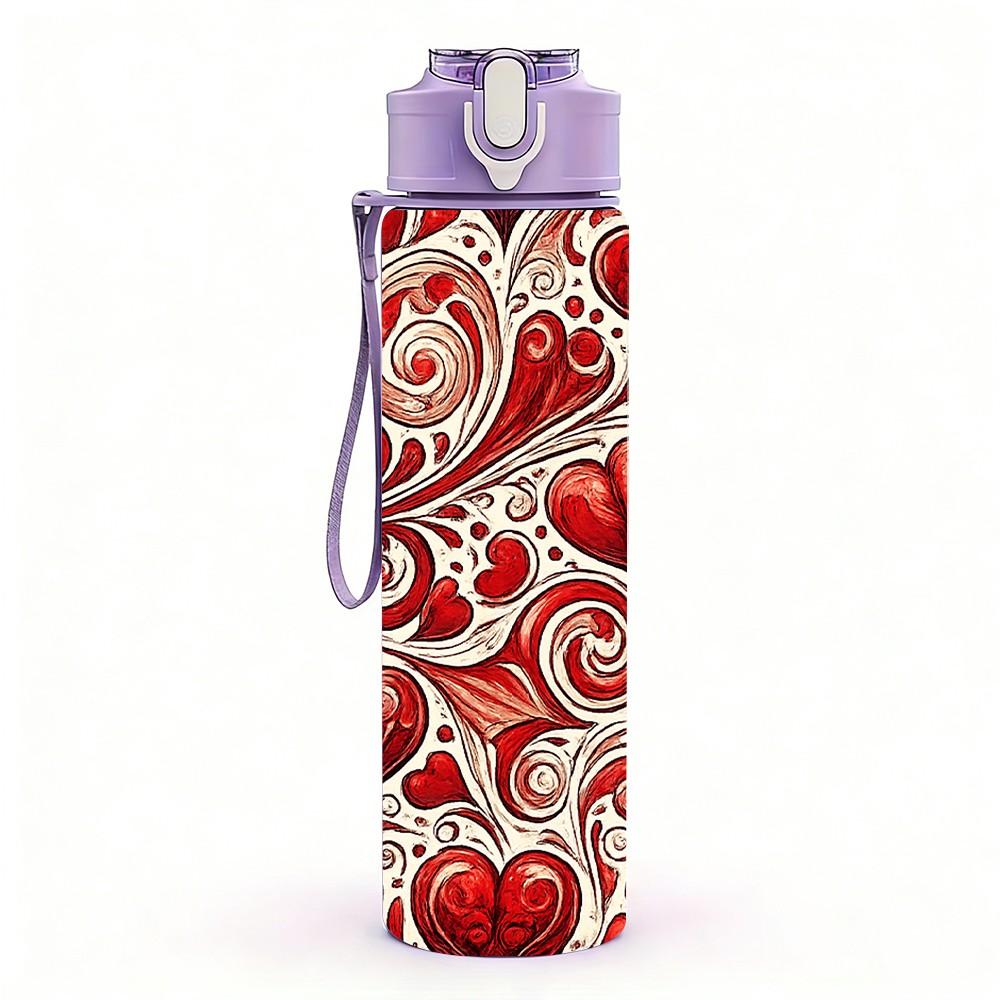 1PC Red Vintage Floral Pattern Print 750ml Color Plastic Sports Water Bottle Leakproof Flip Straw Lid Suitable for Sports Office Home Use