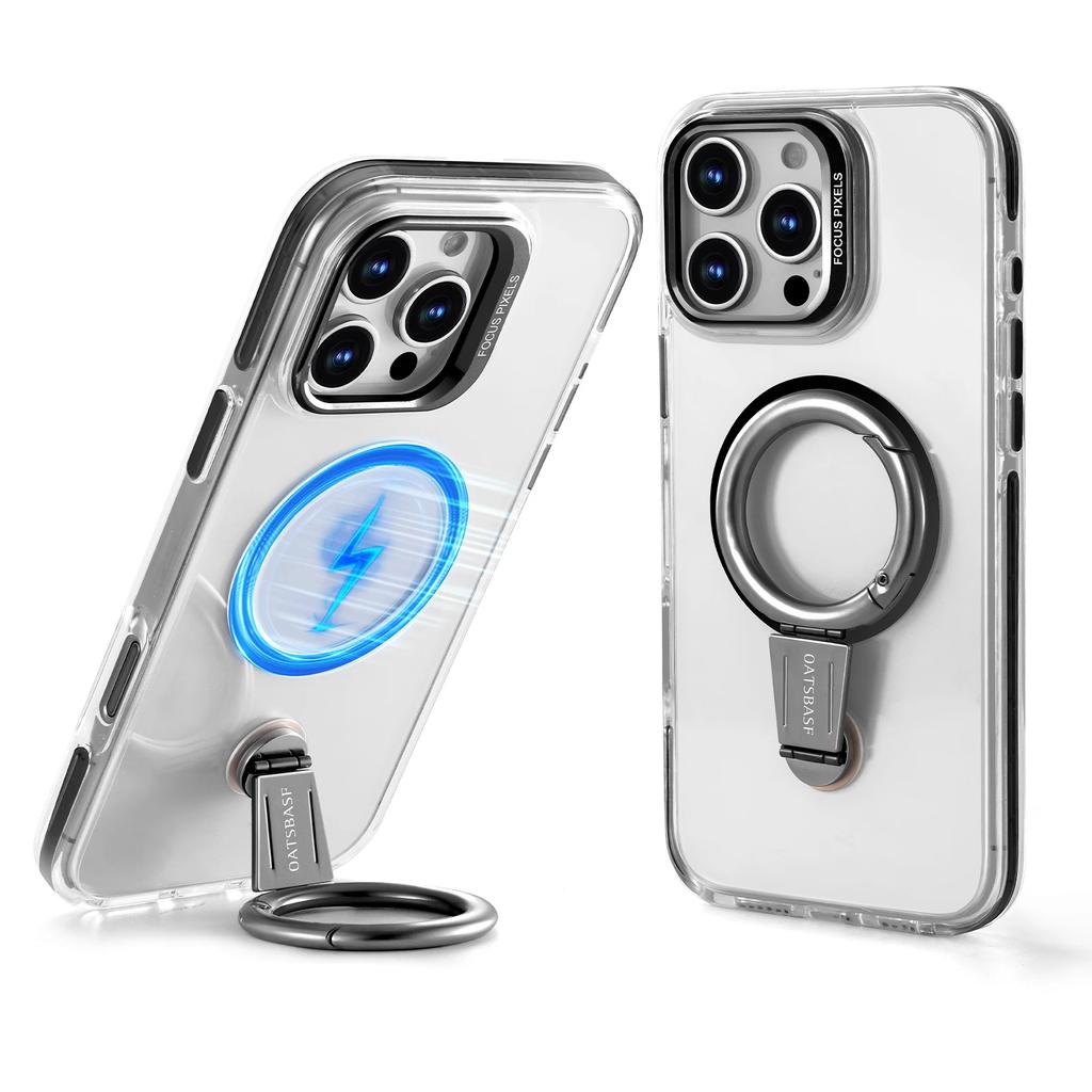 Oatsbasf for iPhone 16 15 Pro Max Phone Case with Magsafe 360°Rotatable Magnetic Ring Stand Transparent Bumper Protective Cover