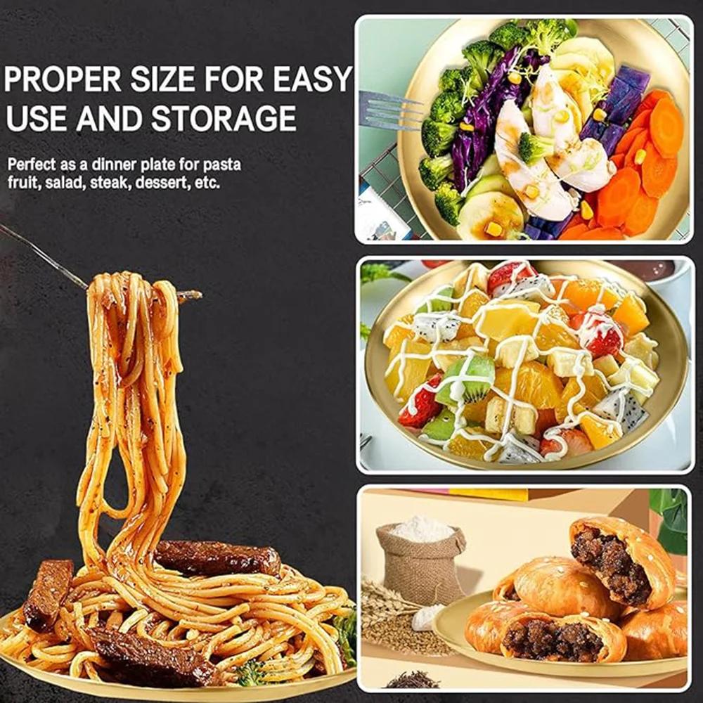 4Pcs Stainless Steel Storage Tray Luxurious Brass Gold Round Plate Fruit Cake Steak Snack Kitchen Metal Storage Tableware Dish