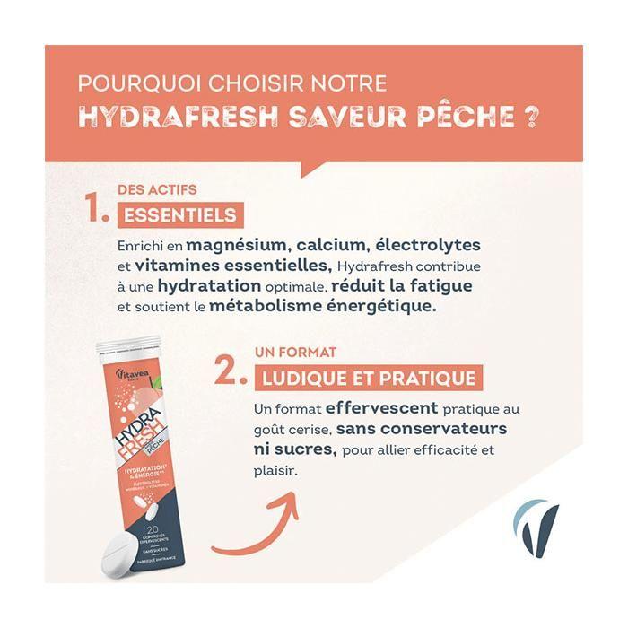 Vitavea HYDRAFRESH - Hydratation & Énergie - Électrolytes, Minéraux & Vitamines - Saveur Pêche - 20 Comprimés Effervescents
