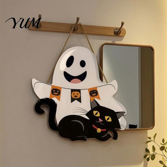 Wooden Hanging Sign for Front Door Cute White Ghost Hanger with Black Cat BOO Gift Halloween Party Banner, Waterproof Plaque Farmhouse Holiday