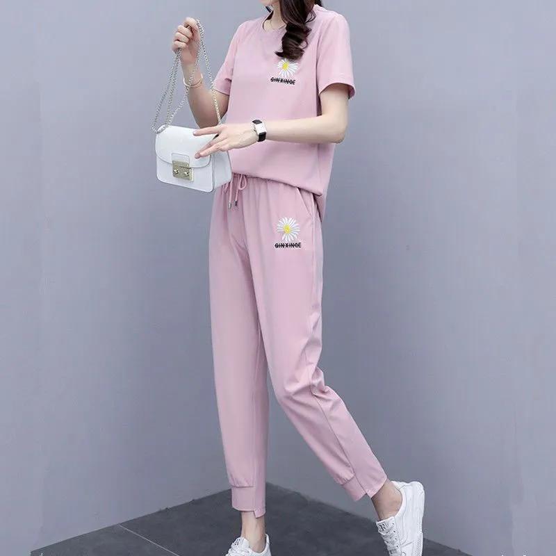 Женский летний удобный спортивный костюм, футболка с круглым вырезом и коротким рукавом + повседневные брюки, комплект из двух предметов