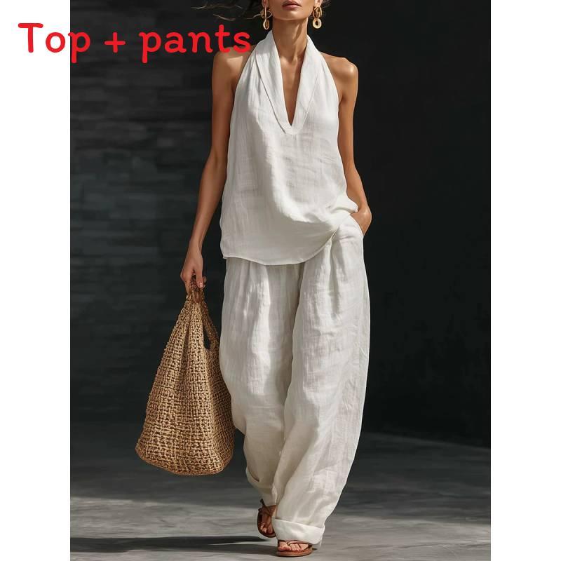 Cotton Linen Blend Sleeveless Pantsuit With Patching For Casual Women Spring Summer