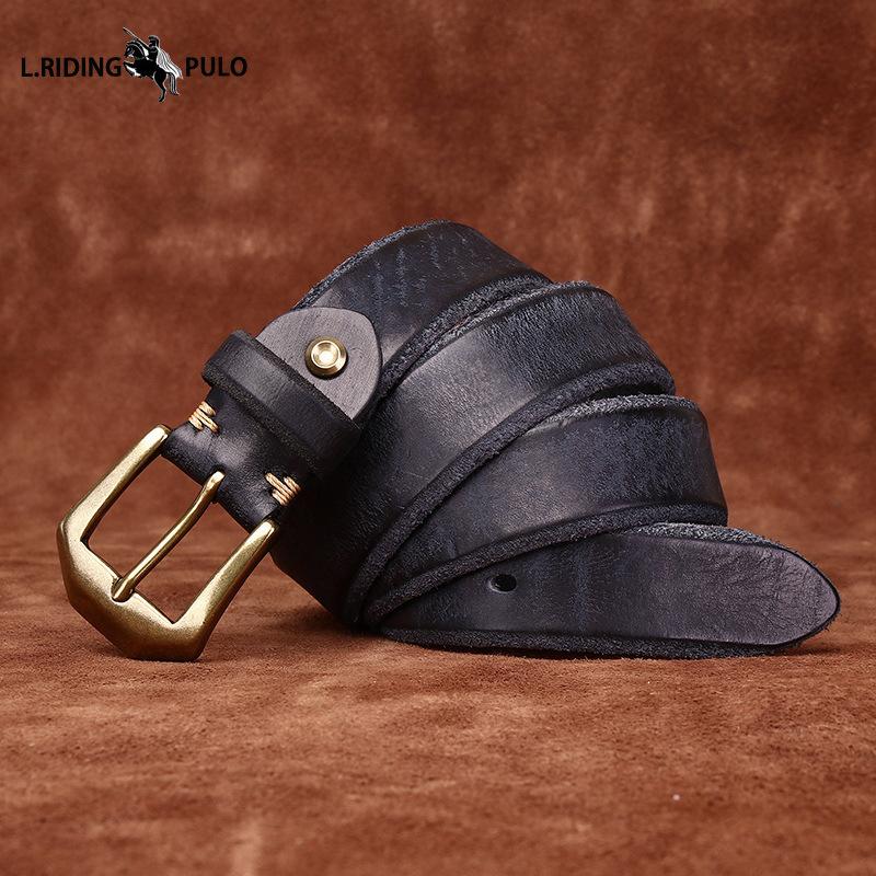 Утолщенный ремень из натуральной кожи, верхний слой коровьей кожи, мужской, медная пряжка, необработанный край, меховая подкладка, ретро-стиль, вымытый