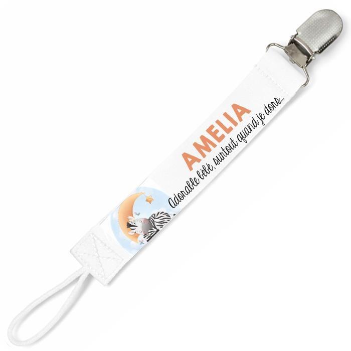 Planetee Attache tétine pour prénom AMELIA adorable bébé surtout quand je dors Zèbre | Attache sucette cadeau naissance