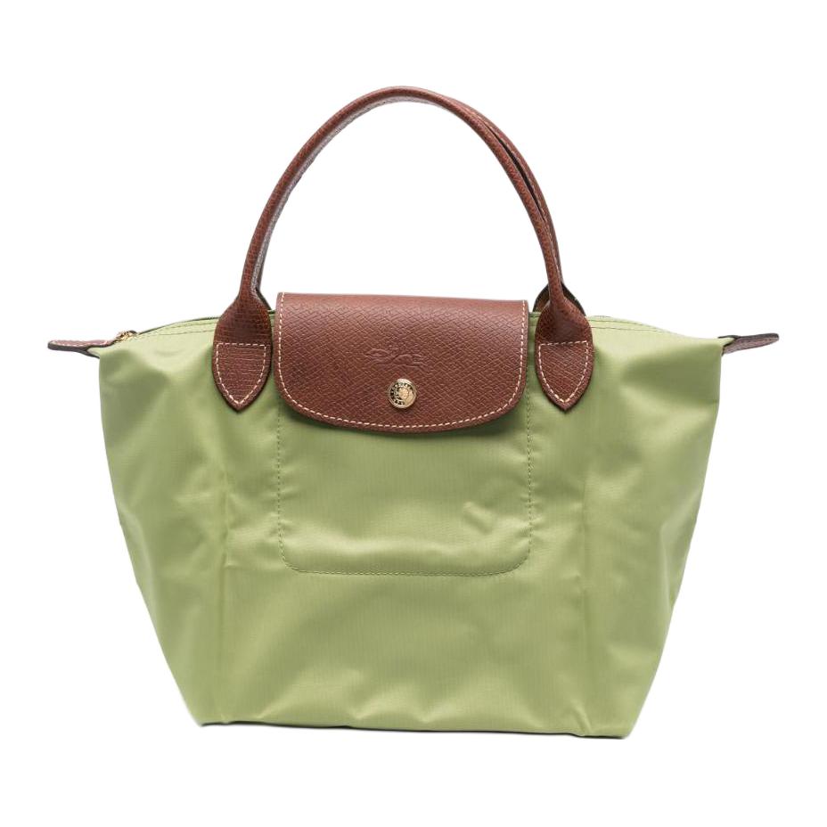 Longchamp Le Pliage 23 Вышитый Микро Логотип Однотонный На кнопке и молнии Холст и Кожа Сумка-тоут 'Пельмень' Маленький Размер 1621089P77