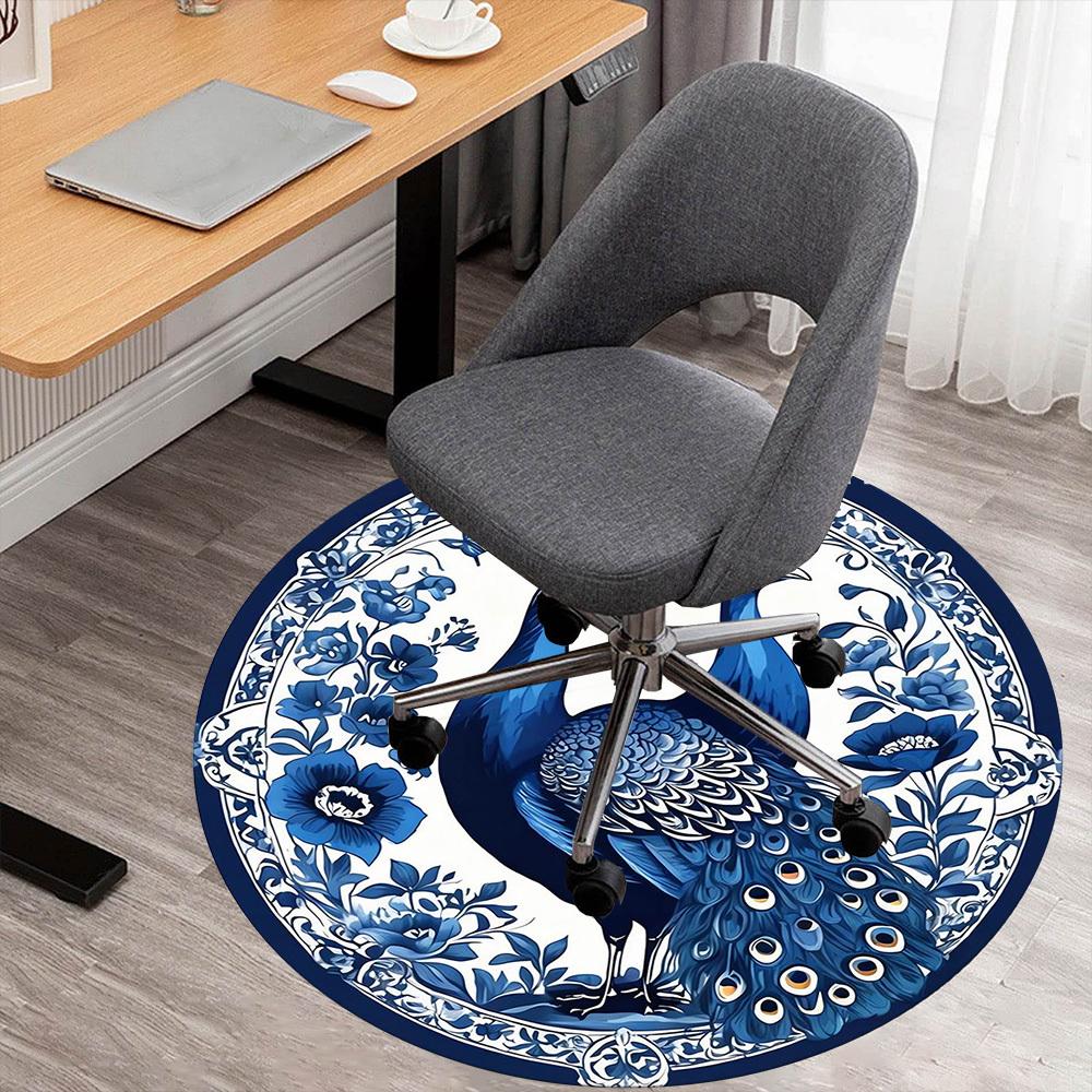 1pc Peacock Floral Round Chair mat Area Rug - Non-Slip, Floor Mat for Office, Bedroom, and Indoor Decor -1002226