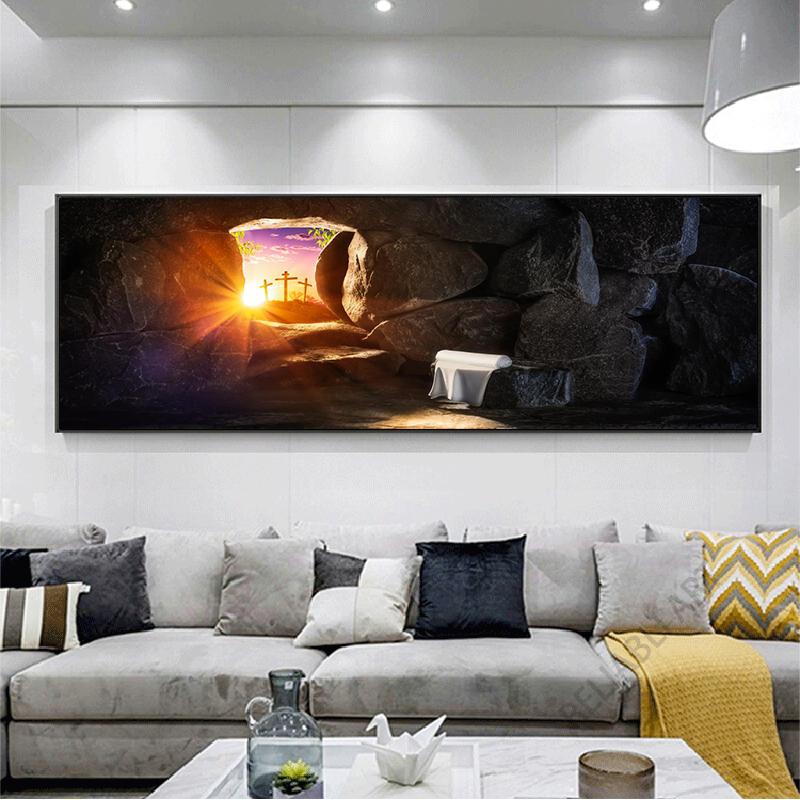 Иисус Христос три деревянных креста Холст Картина Восход солнца с облаками и звездным небом Плакаты для Спальня Декор в гостиную