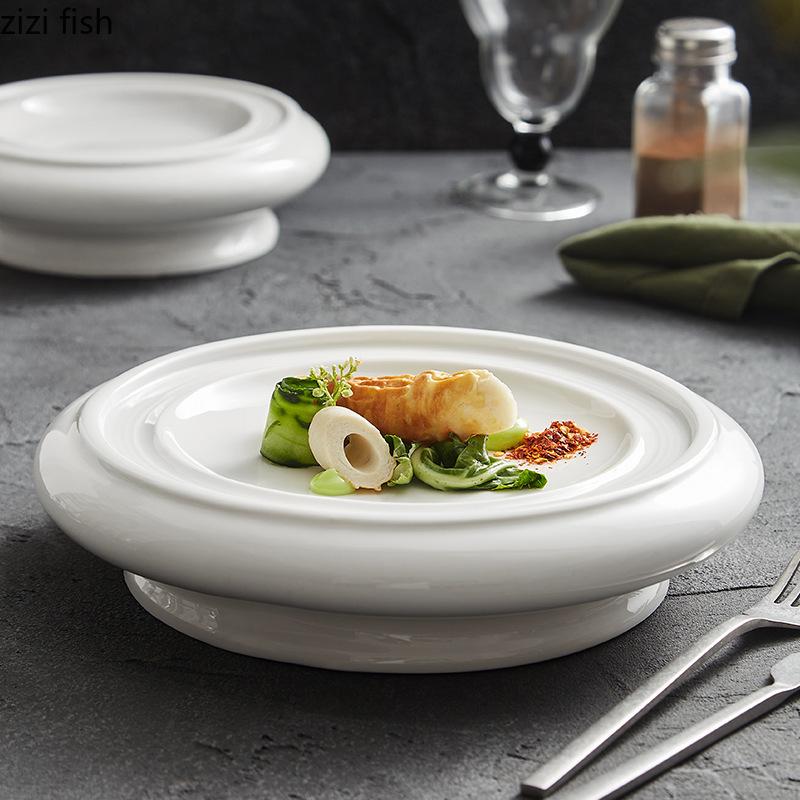 Pure White High Legged Ceramic Dining Plate Dessert Plate Sushi Salmon Plate Restaurant Molecular Cooking Creative Tableware