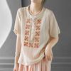 Summer New Chinese Cotton and Linen Embroidered Short-sleeved Shirt Women's Half-open Round Neck Solid Color Pullover