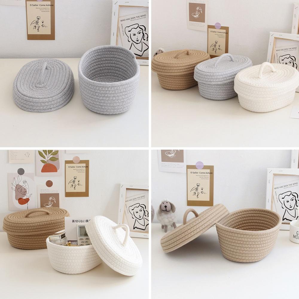 Декоративная плетеная веревочная корзина, корзина для хранения всякой всячины с ручками на крышке, органайзер для косметики, домашний комод, настольный ящик для хранения