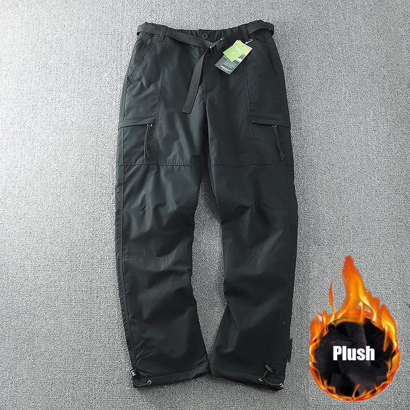 Плюшевые и неплюшевые(По желанию) Водонепроницаемые теплые флисовые брюки-карго, мужские зимние уличные плюс бархатные свободные прямые повседневные брюки с множеством карманов