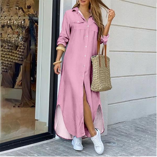 Women Fashion Long Sleeve Plain Shirt Dresses Lapel Collar Button V Neck Slit Irregular Hem Maxi Dress