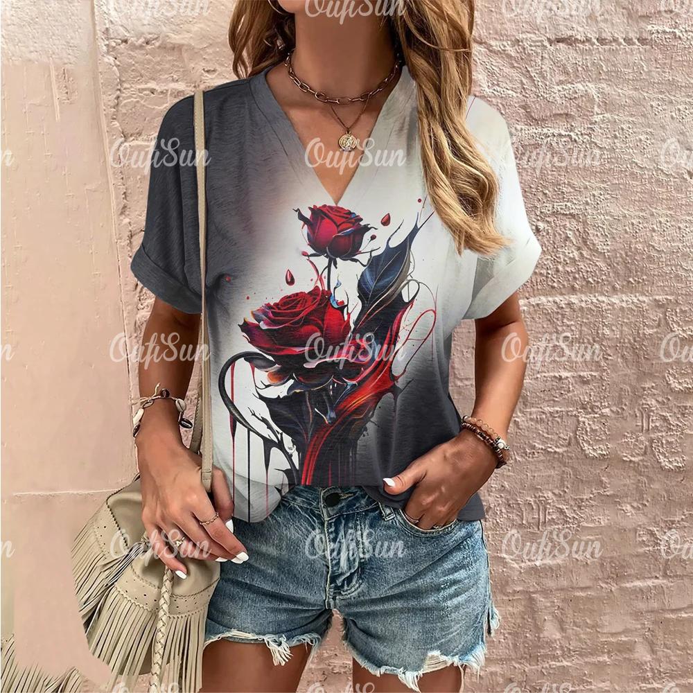 Summer Women Fashion T-shirt Vintage Floral Rose Pattern V-Neck Tops Tees Female Short Sleeve Clothing Ladies Casual Streetwear