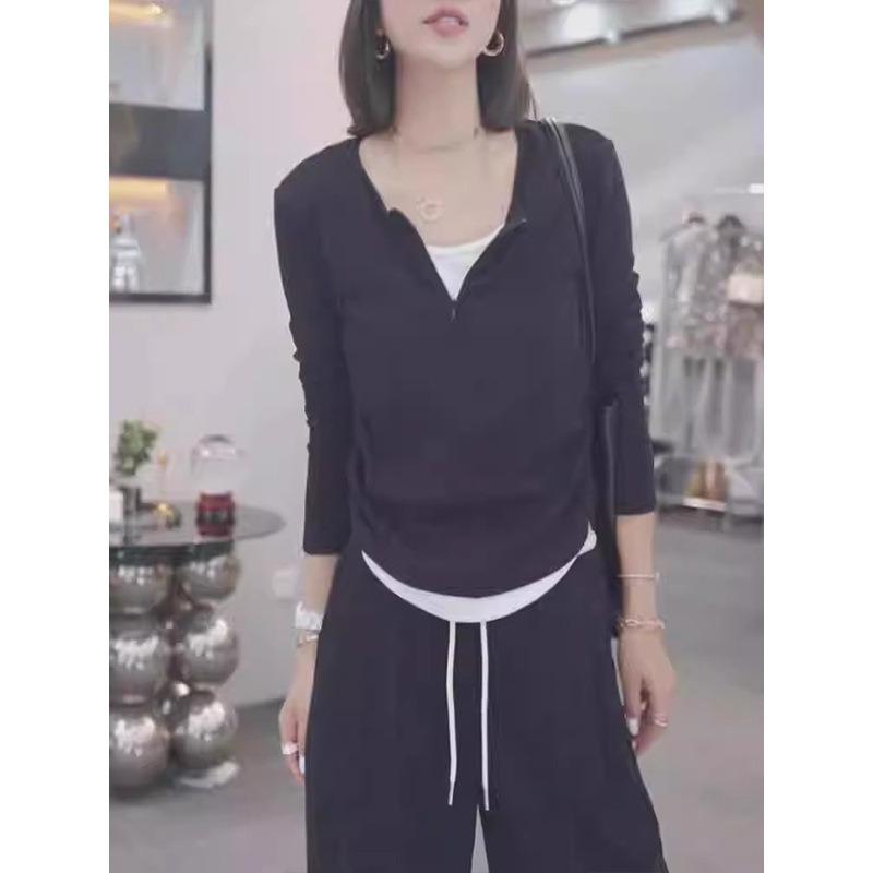 Ретро уникальная футболка с длинным рукавом, имитирующая двухслойную, с невидимой полумолнией, женская осенняя популярная плиссированная тонкая базовая футболка