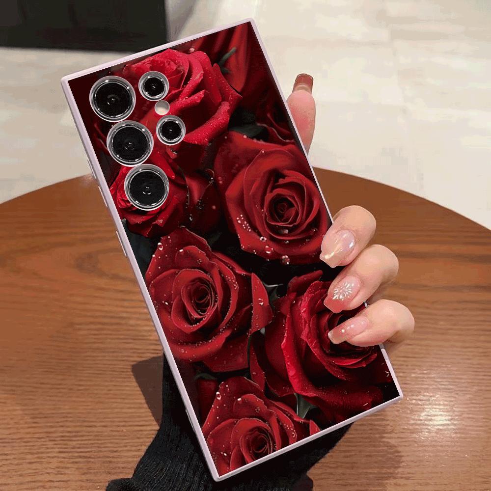 Чехол с узором из красных роз и каплями росы для Samsung Galaxy S25 S24 Ultra S23 S22 S21 S20 FE Plus, тонкий, противоударный, из мягкого ТПУ