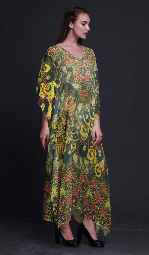 Phagun Peacock Bird Long Caftan Maxi Dress Beach Swimwear Cover Up Womens