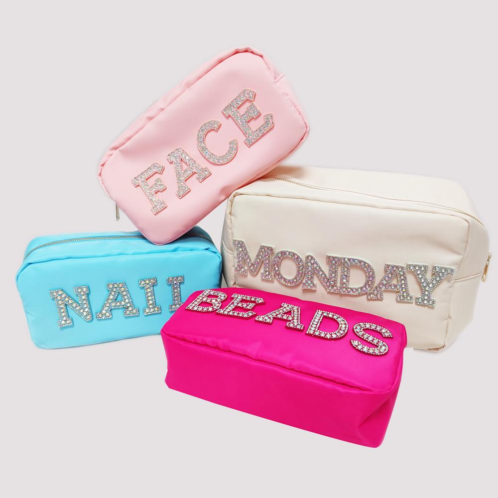 Low MOQ Stock Nylon Women Lady Custom Embroidery Chenille Patches Custom Travel Makeup Pouch Small Cosmetic Bag