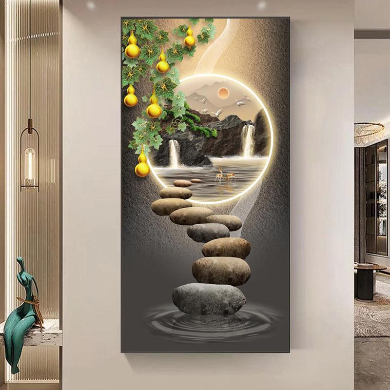 Китайский стиль Дзен-камень Золотой олень Картина на холсте Настенное искусство Богатые постеры с деревьями Фэншуй Настенное искусство для крыльца Декор стены Без рамки