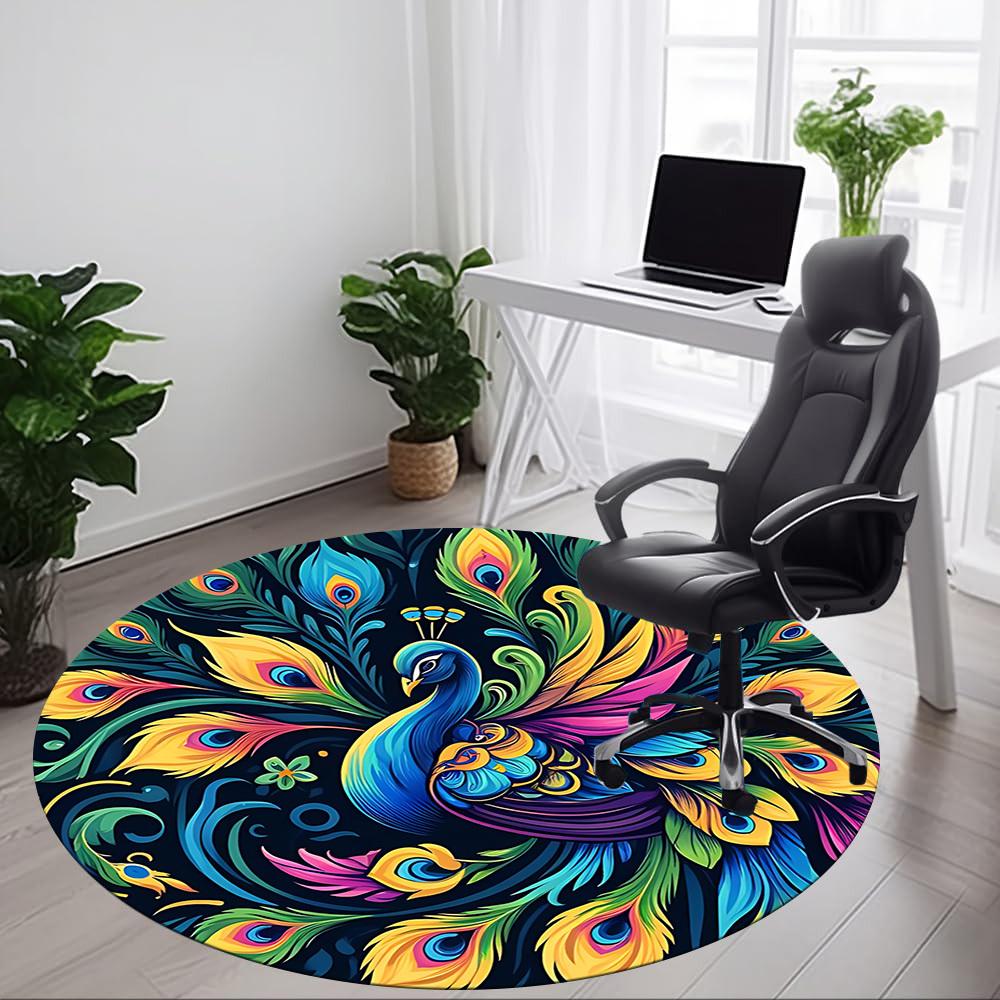 1pc Peacock Feathers Office Round Area Rug, Under Office Chairs Bedroom Living Room Home Decor, Room Deco
