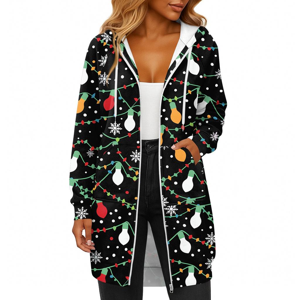 Women's Fashionable Christmas Printed Long Sleeved Drawstring Hooded Zipper Pocket Long Casual Sweatshirt Jacket