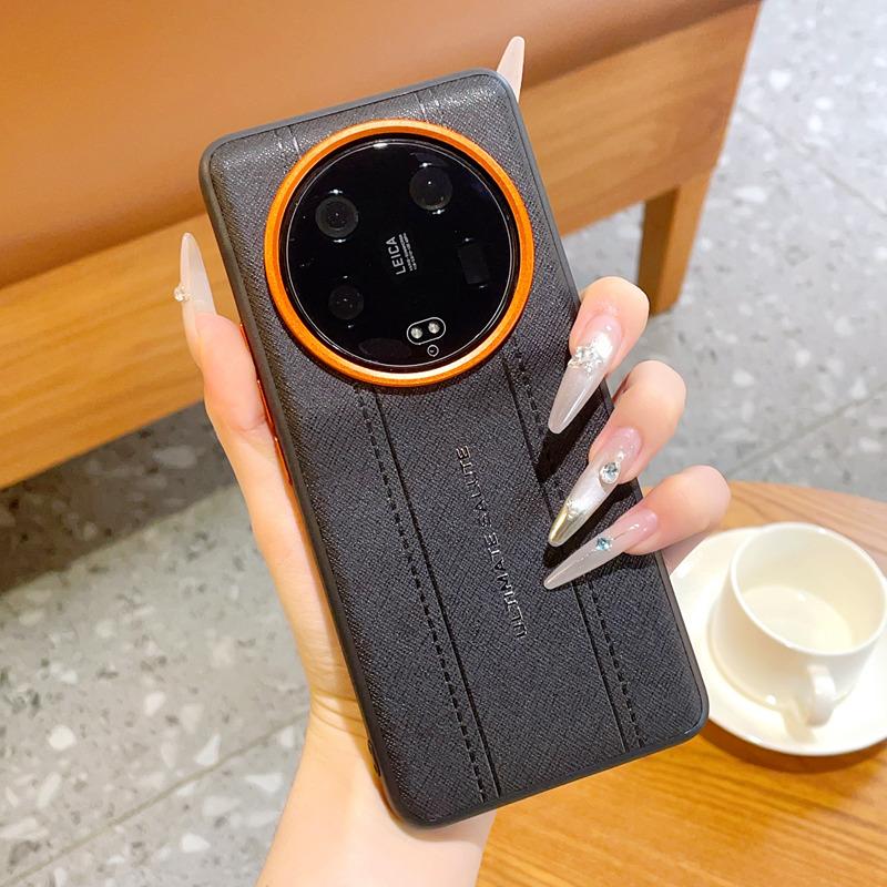Роскошный Чехол с Дизайном из Кожи с Текстурой Крокодила для Xiaomi Mi 13 Ultra, Ультратонкий, Оранжевое Кольцо Камеры, Ударопрочный Чехол
