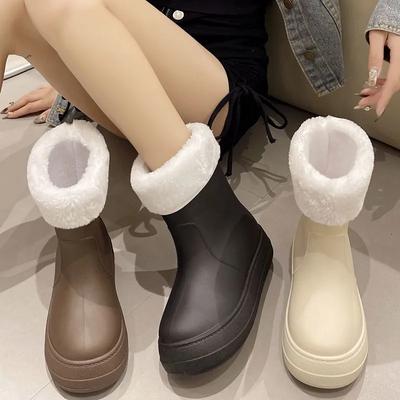 Плюшевые теплые резиновые сапоги женские средней длины нескользящие резиновые сапоги износостойкие водонепроницаемые зимние сапоги женские со съемным хлопковым рукавом