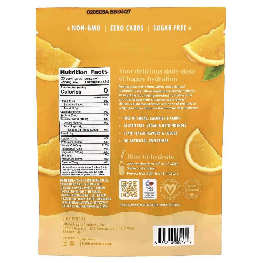 Ultima Replenisher, Essential Electrolytes 6 Packs, Daily Electrolyte Drink Mix, Orange, 20 Stick Packs, 3.5g (0.12oz) each