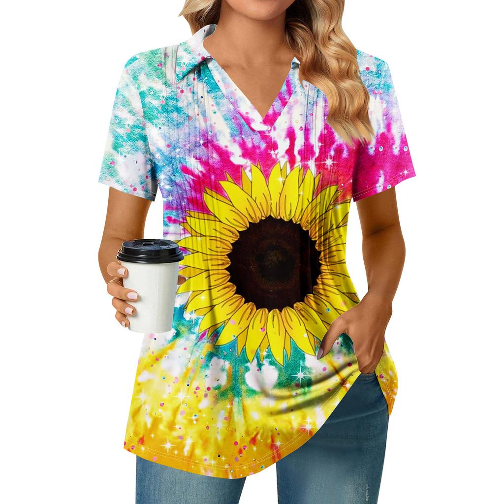 Women's Pleated V-neck Short Sleeved Sunflower Print T-shirt Business Casual Shirt