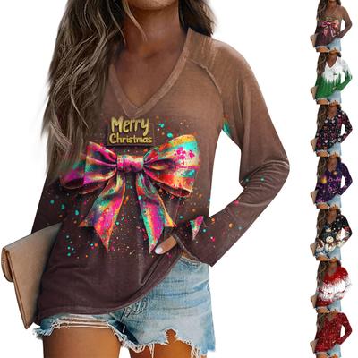 Женская повседневная мода рождественский графический принт повседневный принт длинный рукав V-образный вырез пуловер топ блузка