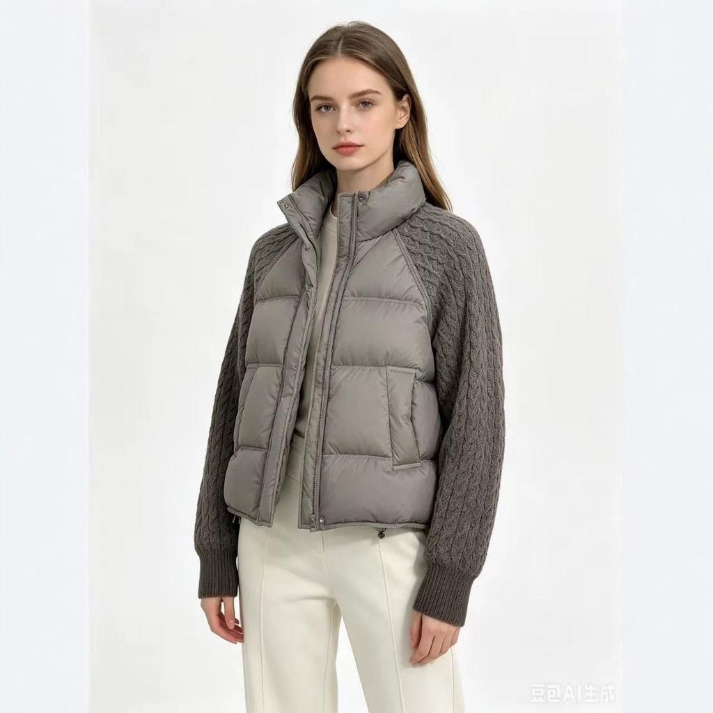 Winter loose cotton clothes women's stand-up collar short clothes body cotton material knitted sleeves splicing casual cotton-padded clothes
