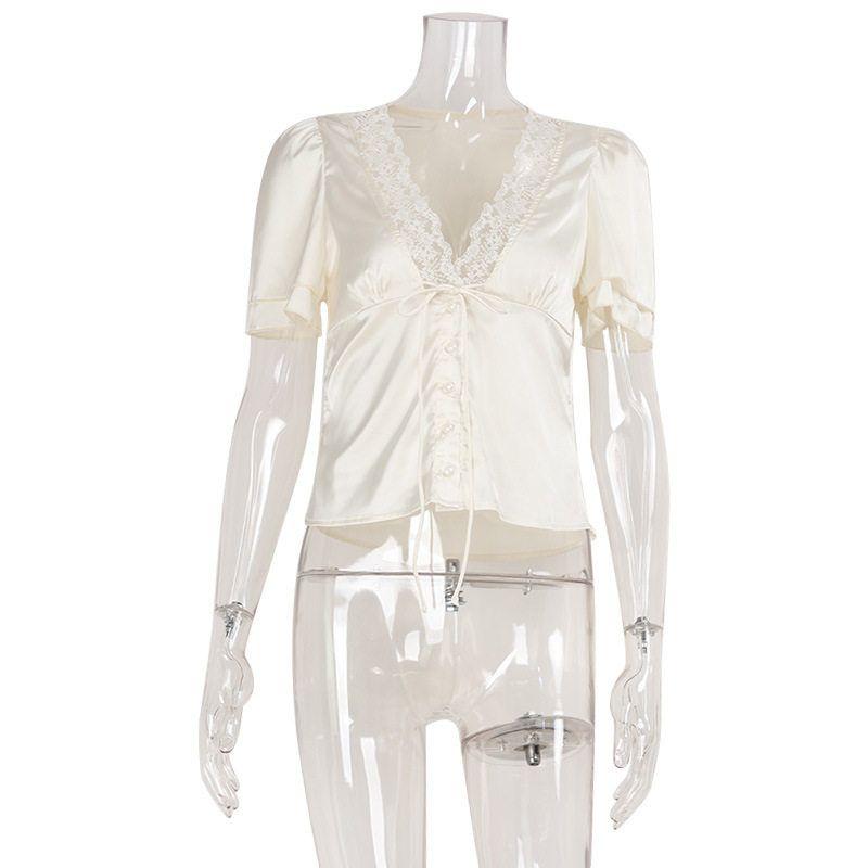 French-Style Lace-Up Lace Patchwork T-Shirt, Slim Fit, New Summer Style, Pure Desire Hot Girl Short Sexy Short-Sleeve Top