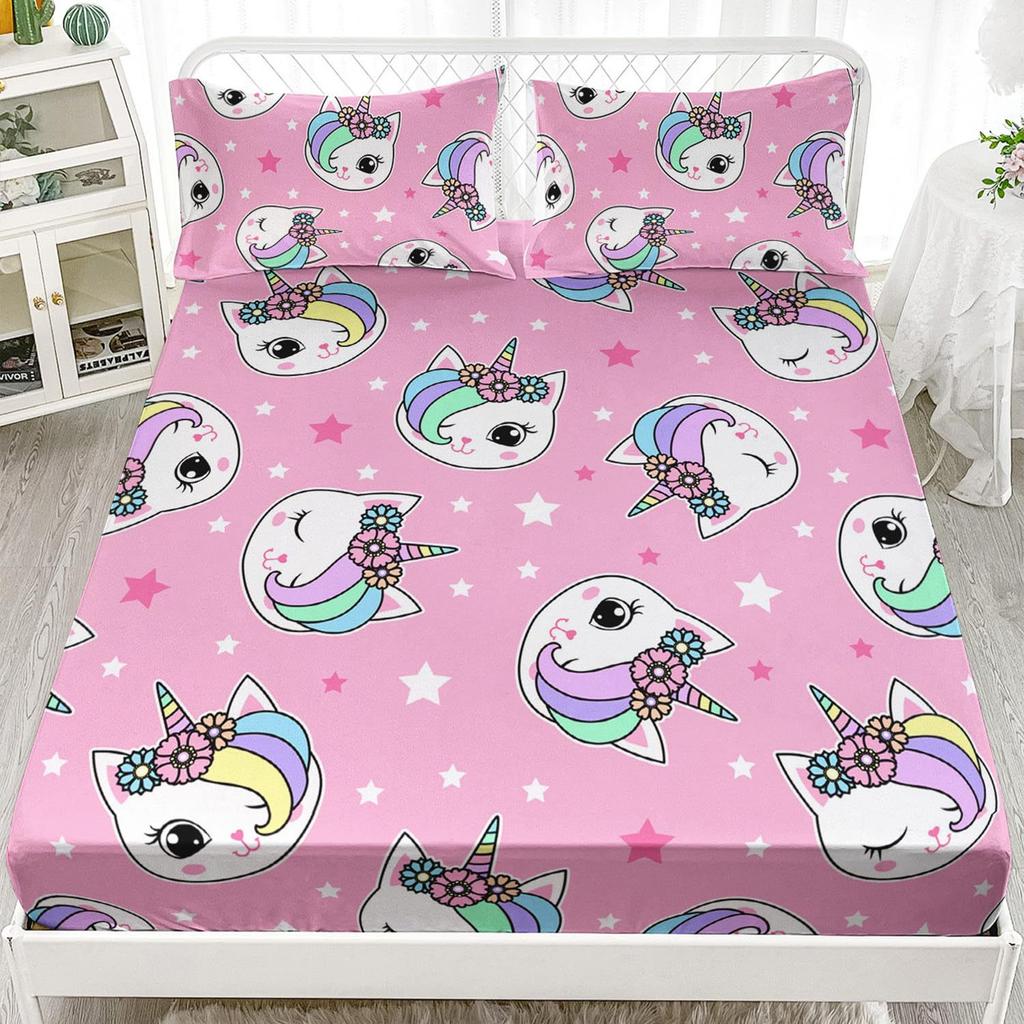 Мультяшный кошачий узор Шапка на кровать из трех частей Цифровая печать Постельное белье Шапка на кровать Набор из трех частей Дети и взрослые