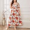 Плюс Размер Женское Летнее Новое Принт Красной Розы Ретро Романтическое V-образный Вырез Талия Утягивающее Темпераментное Платье