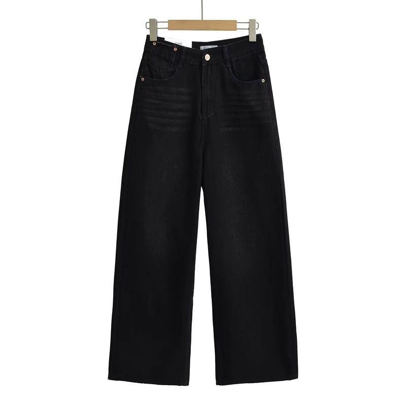 Summer New Women Clothes American Frayed Pocket Decoration High Waist Slimming Drape Straight Loose Mop Jeans