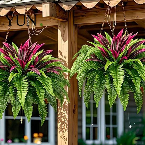 Seasonal Home Accents Artificial Fern And Red Dracaena Plants, UV Resistant Decorative Faux Plant, Maintenance Free Cascading Greenery Realistic