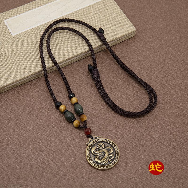 Латунное ожерелье в этническом стиле «Двенадцать знаков зодиака», ретро, универсальная длинная цепочка для свитера, мужской и женский кулон-подвеска года рождения