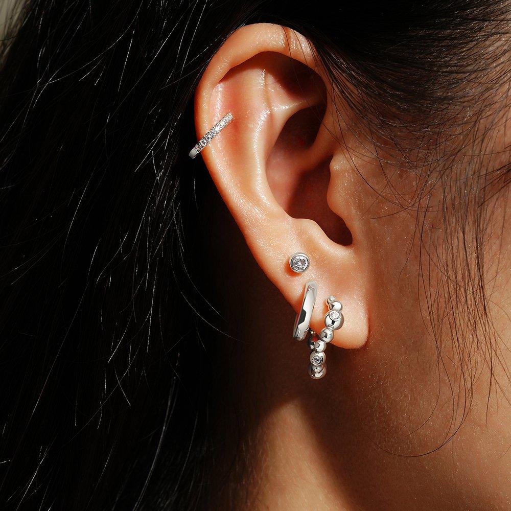 Silver Bezel Bead Curved Huggie Hoop Earrings 925 Silver E066-08H