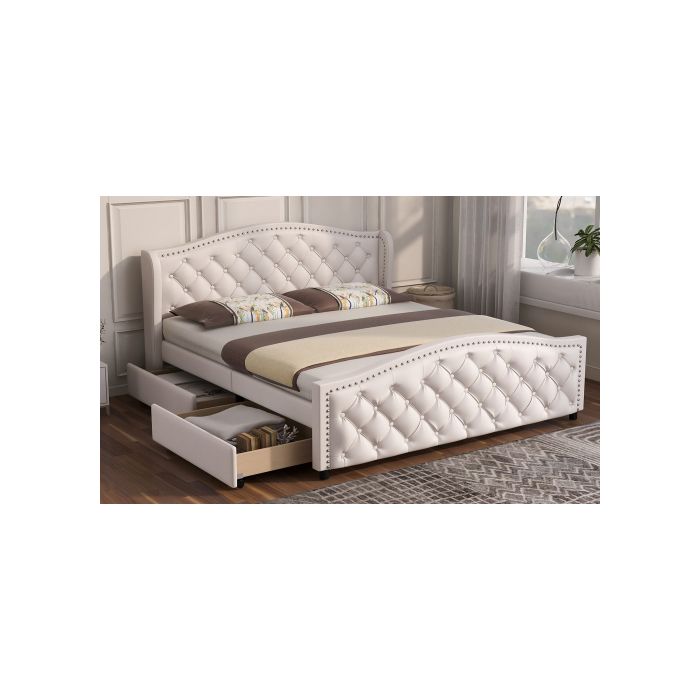 Lit capitonné - MUVOE - 160 x 200 cm - Bois massif - 2 tiroirs - Tête de lit haute