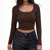 2024 Fashion Slim Fit Sexy Short T Shirt Women Long Sleeve Square Neck Woman T-shirt Solid Elegant Office Lady Crop Tees 30519