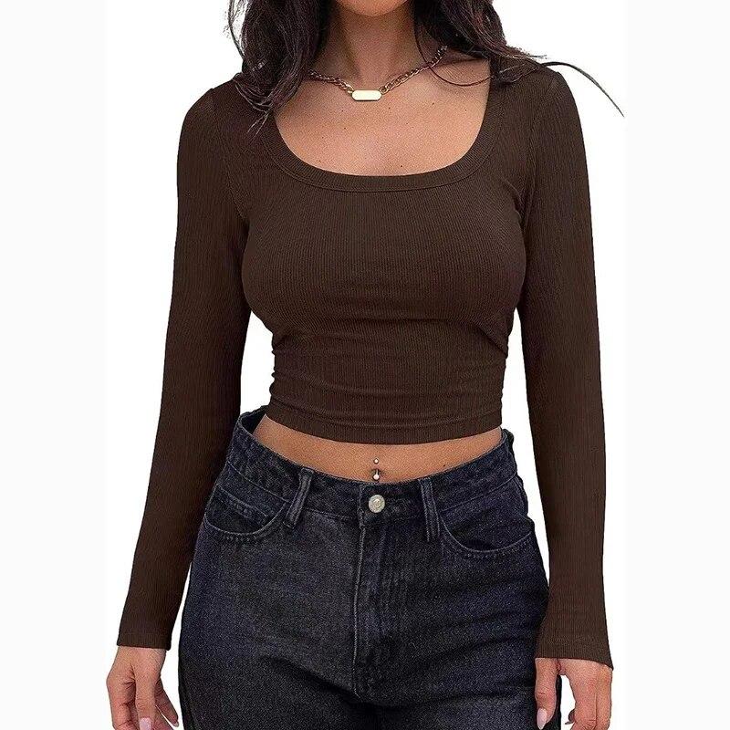 2024 Fashion Slim Fit Sexy Short T Shirt Women Long Sleeve Square Neck Woman T-shirt Solid Elegant Office Lady Crop Tees 30519