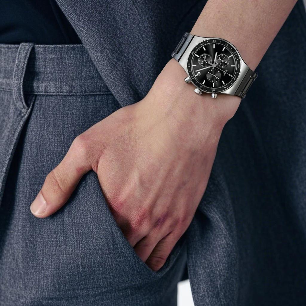 Swatch Металлическая серия Кварцевый механизм Водонепроницаемые 30м Часы 43мм Черный циферблат Корпус из нержавеющей стали Стальной браслет Унисекс часы Серебристый YVS495G
