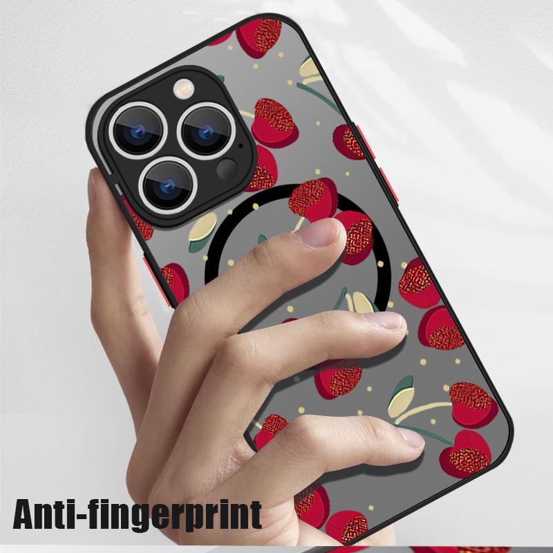 Cherry Pattern Magnetic Shockproof Phone Case for iPhone 16 15 14 Plus 13 12 Pro Max 11 Acrylic Hard Clear Plain Color Soft Edges Lens Protection Case