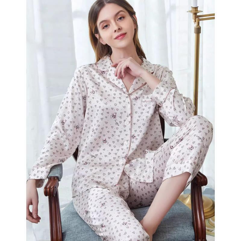 Пижамный комплект из шелка Mulberry с длинными рукавами, женский пижамный комплект на пуговицах, домашняя одежда с принтом, женский пижамный комплект